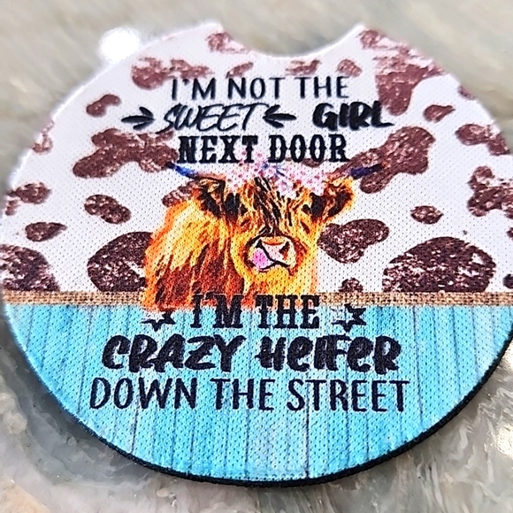 NEW! 2 piece Neoprene Car Coaster (crazy heifer) - Picture 3 of 3